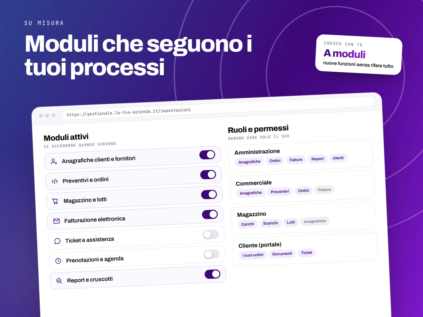Impostazioni di un gestionale su misura: moduli che si attivano quando servono e ruoli con permessi diversi per amministrazione, commerciale, magazzino e clienti