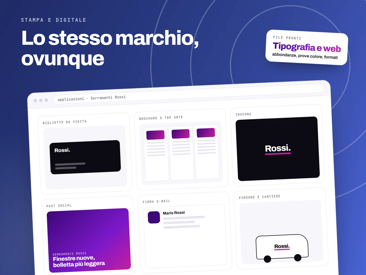 Lo stesso marchio applicato a biglietto da visita, brochure a tre ante, insegna, post social, firma e-mail e furgone aziendale