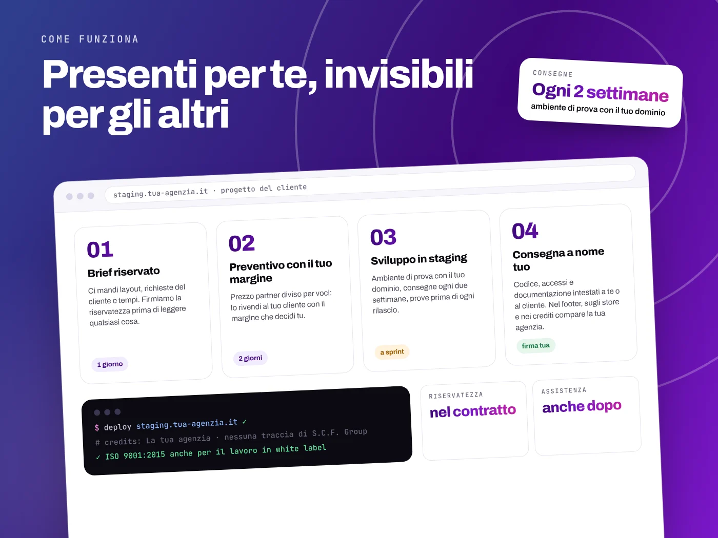 I quattro passi del lavoro in white label: brief riservato, preventivo con il margine dell’agenzia, sviluppo in staging con consegne ogni due settimane, consegna a nome dell’agenzia