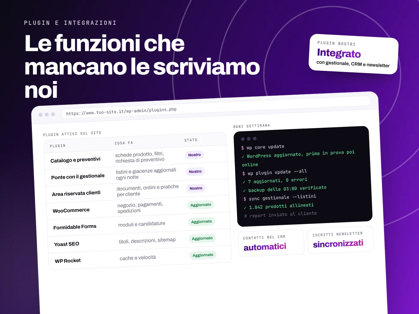 Plugin WordPress sviluppati su misura e integrazioni: catalogo con preventivi, ponte con il gestionale, area riservata, insieme ai plugin standard aggiornati ogni settimana