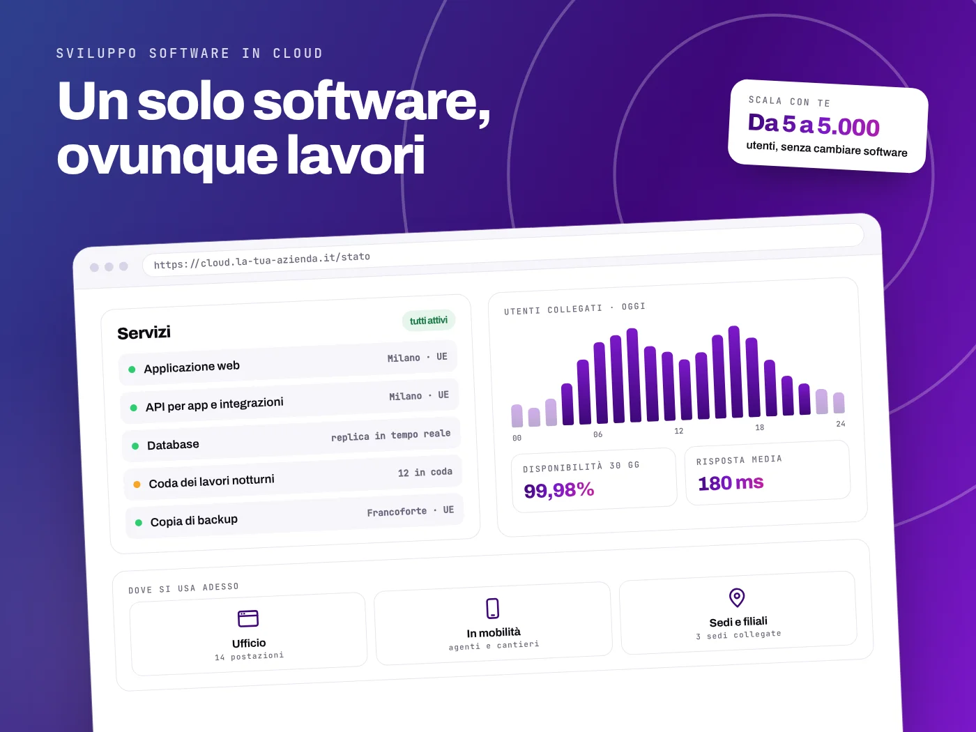 Pannello di stato di un software in cloud: servizi attivi su server in Unione Europea, utenti collegati durante la giornata, disponibilità e tempi di risposta