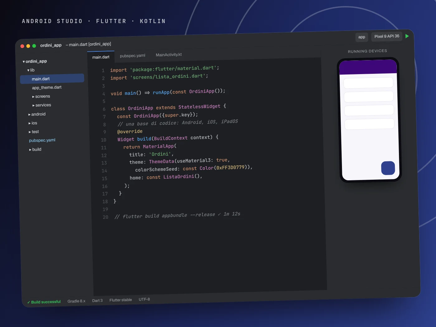 Android Studio con un progetto Flutter aperto e l'emulatore Android in esecuzione